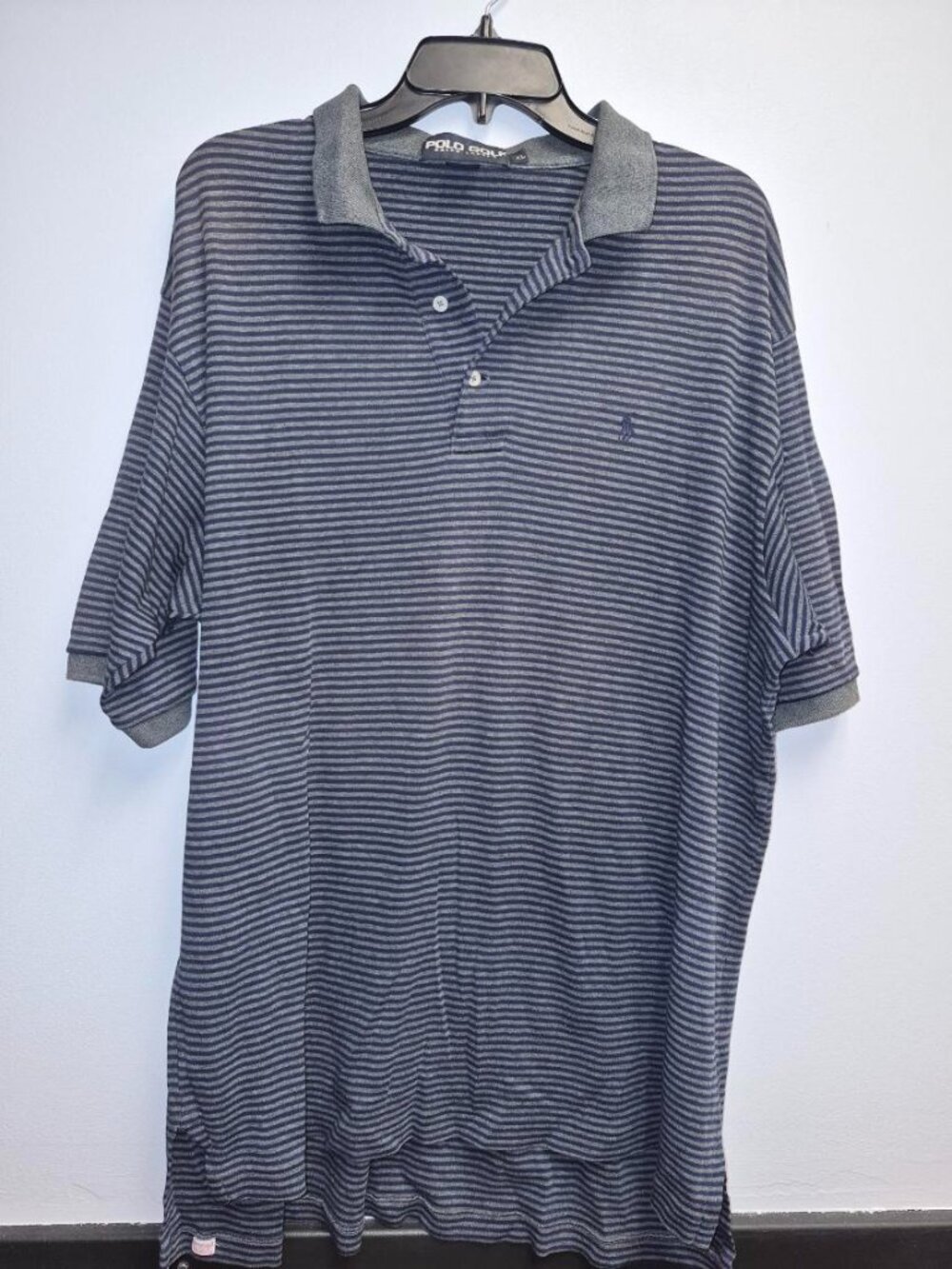 Ralph Lauren Polo Golf Shirt Men XL Short Sleeve Gray Navy Blue Striped Cotton